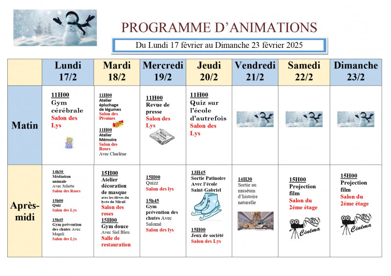 Activités de la semaine