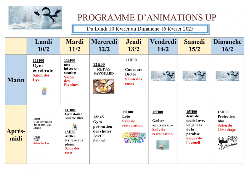 Planning de la semaine